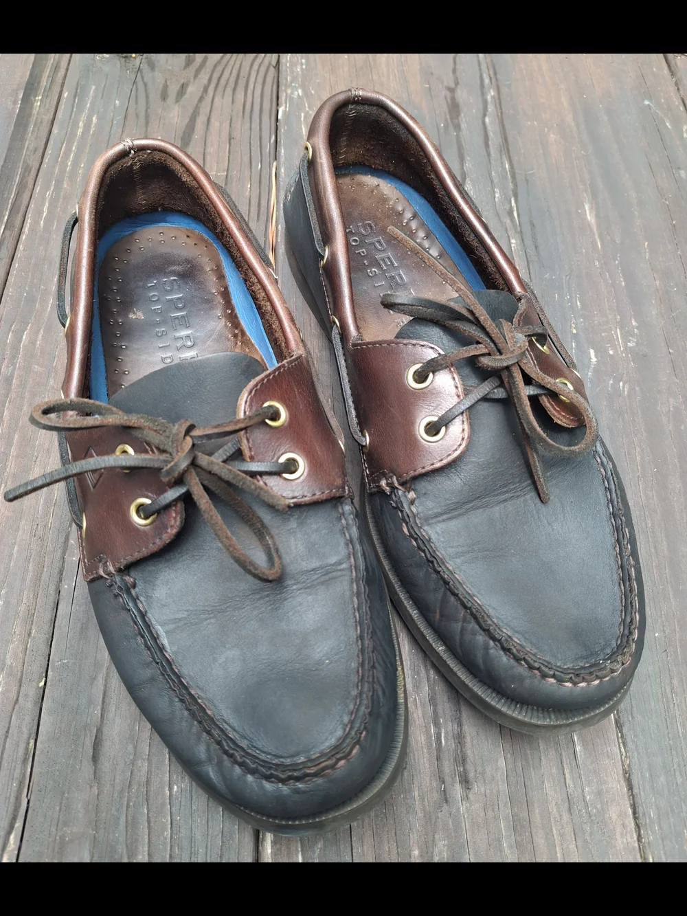 Sperry Two-Tone Black and Brown Leather Boat Shoes Size 10.5